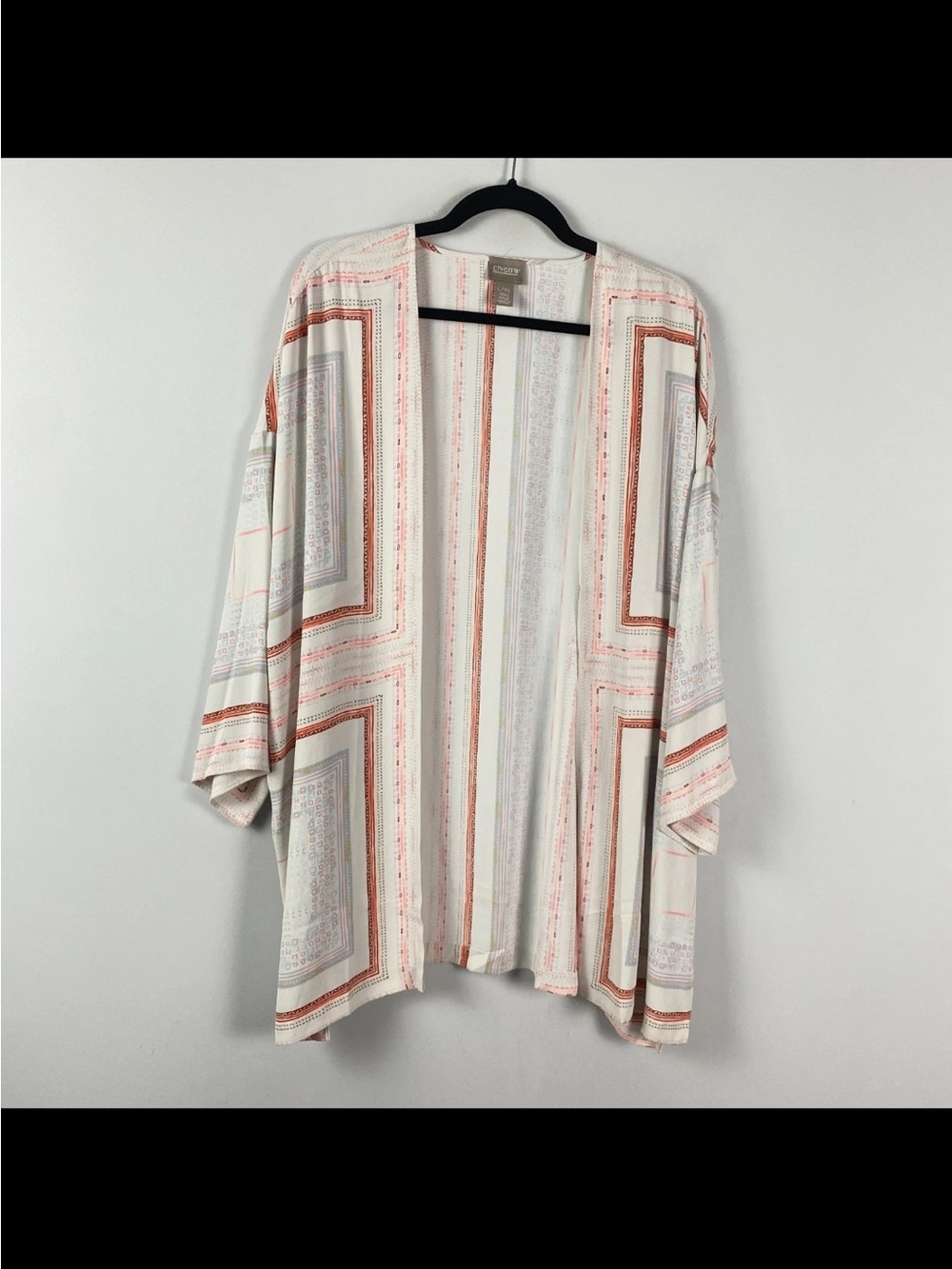 Chico's Cream Kimono Cardigan with Rust & Light Gray Stripe Accents